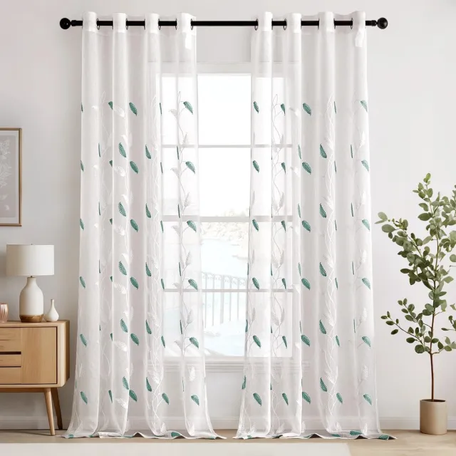 Ibenzoa Transparante Voile Gordijnen met Bladeren en Ringmontage, Set van 2, 260 x 140 cm Bladeren blauw