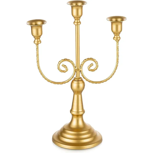 Romadedi Kandelaar 3-armige kandelaar goud - vintage metalen kaarsenhouder voor staafkaarsen, kaarsen, bruiloft, feest, Kerstmis, tafeldecoratie, schoorsteenconsole, tafeldecoratie, woonkamer