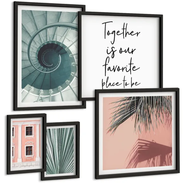Coloray 5-Delige Schilderij Set - Stijlvolle Interieurs Met Geometrische Patronen En Planten. - 50 x 50 cm, 20 x 30 cm En 40 x 60 cm - Muurdecoratie - Schilderijen Set - Woonkamer - Woonkamer Decoratie Zwarte lijst