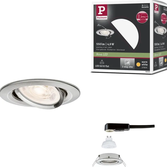 Paulmann LED-inbouwlamp 3-Step-Dim Nova GU10 Flat draaibaar 4,9W 550lm 230V dimbaar 2700K Staal geborsteld