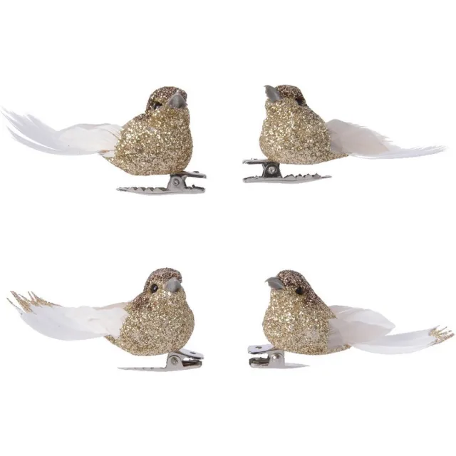 Decoris 4x Decoratie glitter vogeltjes goud op clip 5 cm - Kerstboom decoratie vogeltjes - Kerstboomversiering Goudkleurig
