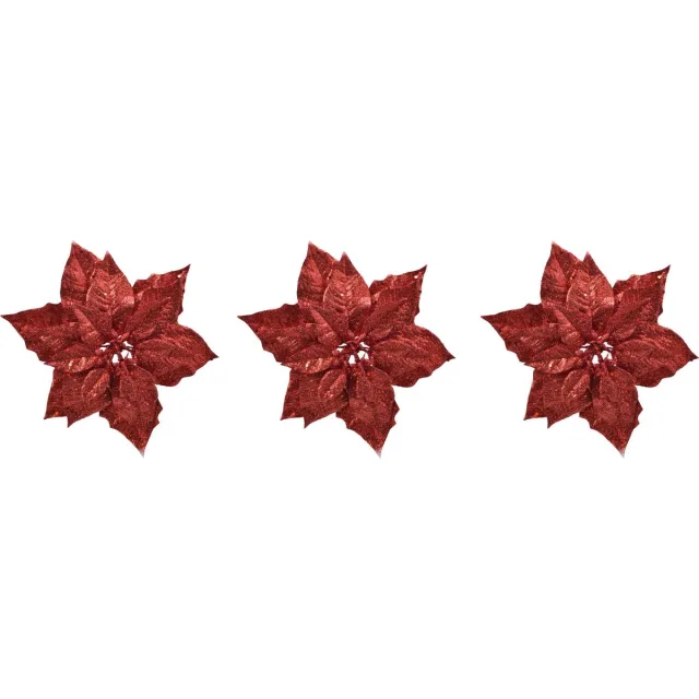 Decoris kerst decoratie bloemen - 6x stuks - kerststerren - rood glitters - op clip - 23 cm - kerstboomversiering - kerstversiering