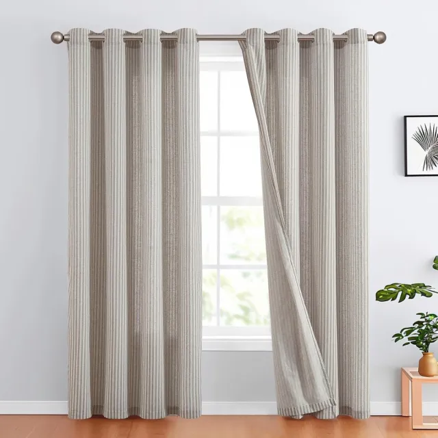 topick Gordijnen - Modern en Elegant - Set van 2 - 130 cm x 225 cm - 25% Linnen, 75% Polyester Grijs-op-beige Streep