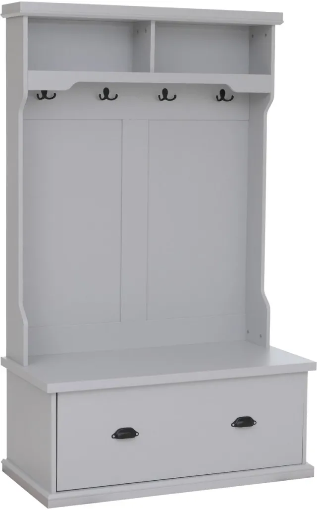 MCW Garderobekast MCW-P27, halgarderobekast, houten garderobekast met zitbank, 4 haken, opbergvak, melamine, 163 x 100 x 47 cm ~ lichtgrijs