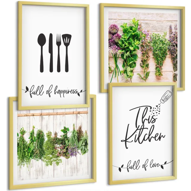 TULUP 4-Delige Schilderij Set - Keukenbordjes Gedroogde kruiden en planten - 40 x 40 cm en 40 x 60 cm - Moderne Wanddecoratie - Slaapkamer - Stijlvolle Muurdecoratie Gouden lijst
