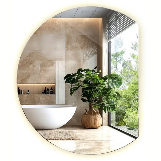 WallMuralia Asymmetrische spiegel led - 70 x 80 cm - Ronde bijgesneden spiegel - Spiegel rond afgesneden - Decoratieve wandspiegel Neutraal licht