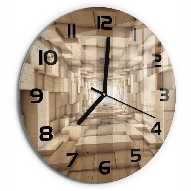 TULUP Wandklok - Houten tunnel Glazen Wandklok Design - fi30 cm - Beige Klok Glas Met Opdruk - Zwarte handen - Ronde Klok - Wandklok Glas Met Motief - Decoratieve Glazen Klok
