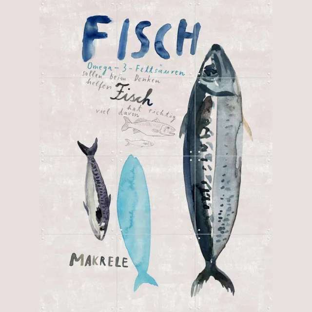 IXXI Fisch, Signorinah - 60 x 80 cm - Grote wanddecoratie en posters - Illustraties, Aquarel, Eetkamer, Woonkamer, Keuken, Vissen, Zeeleven, Eten & Lichte tinten / Blauw