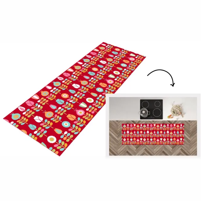 KitchenYeah Keukenloper 150x50 cm - Keukenmat vinyl Patronen - Bloemen - Retro - Rood - Keukenmatten loper - Keuken vloerkleed tapijt