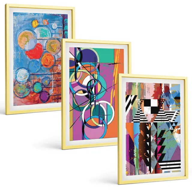 TULUP 4-Delige Schilderij Set - Kleurrijke abstracties met cirkels en geometrische patronen - 40 x 60 cm - Muurdecoratie - Interieur Decoratie - Stijlvolle Muurdecoratie Gouden lijst