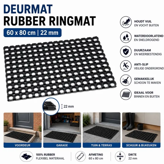 Wicotex Deurmat - Rubber - Ringmat - Schoonloopmat 22mm - Afmeting 60x80cm - Kleur Zwart