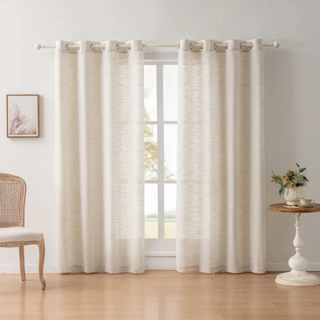 Floraweg Semi-transparante gordijnen van poly-linnen met textuur, lange slub, effen gordijnen met zeilringen voor openslaande deuren, beige,140x220cm