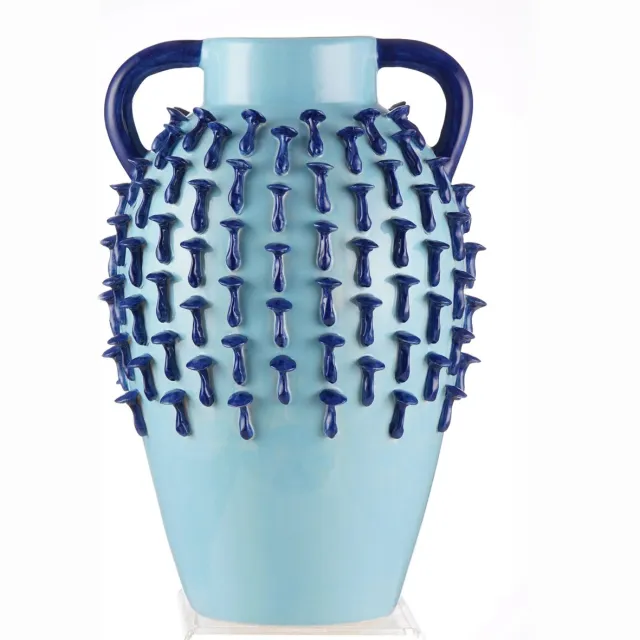 Vazenatelier Aparte vaas in blauw keramiek met een reliëf van donkerblauwe paddenstoeltjes hoog