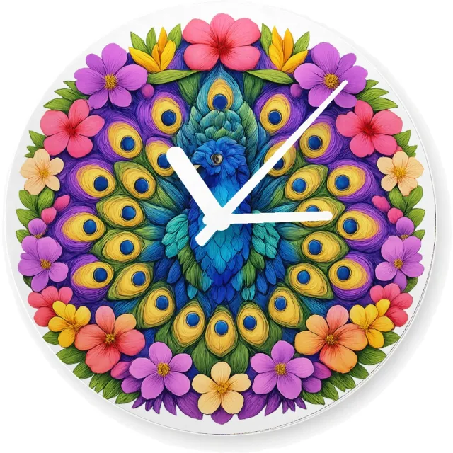 Mr Cadeautjes Glazen klok Ø 20 - design Een majestueuze mandala van tropische bladeren en bloemen ro | cadeau Wit
