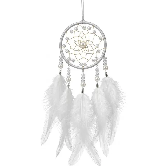 NUVEX Wit goudkleurig dromenvanger wand decoratie hanger rond met veren kralen en web patroon voor dames en heren muur ophanging bohemian stijl handgemaakt ornament slaapkamer woonkamer