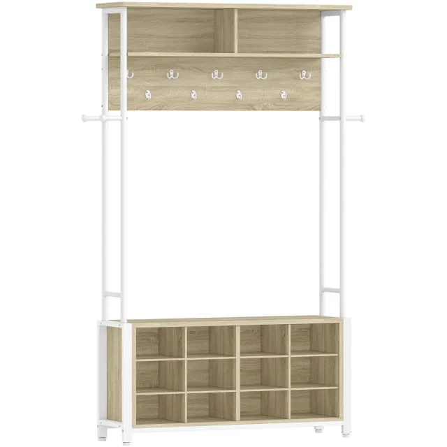 Smyl. Kapstok - Schoenenbank - Bankje - 14 Vakken - Kledingrek - Opbergvakken - 13 Haken - 108 x 31 x 187 cm Eik/Wit