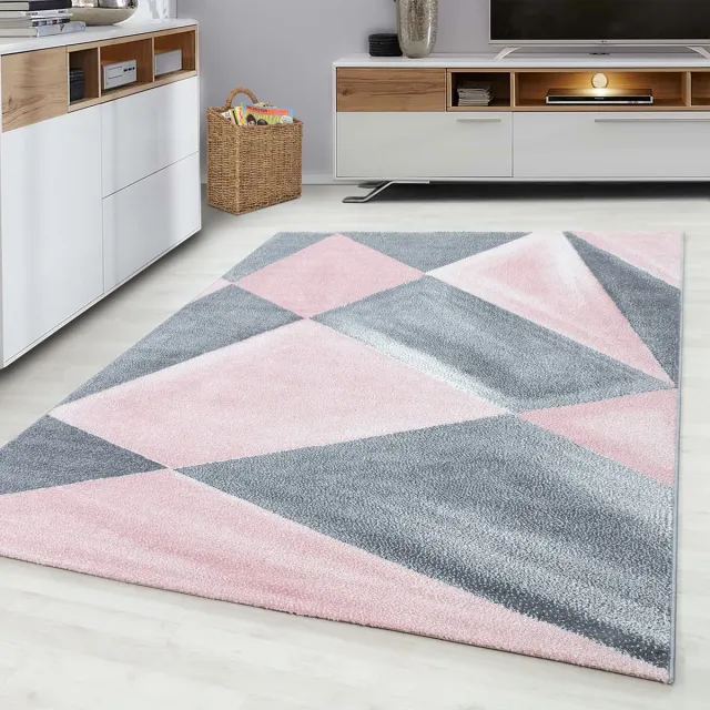 Ayyildiz Kortpolig vloerkleed, geometrisch patroon, roze, woonkamerkleed, jute achterkant