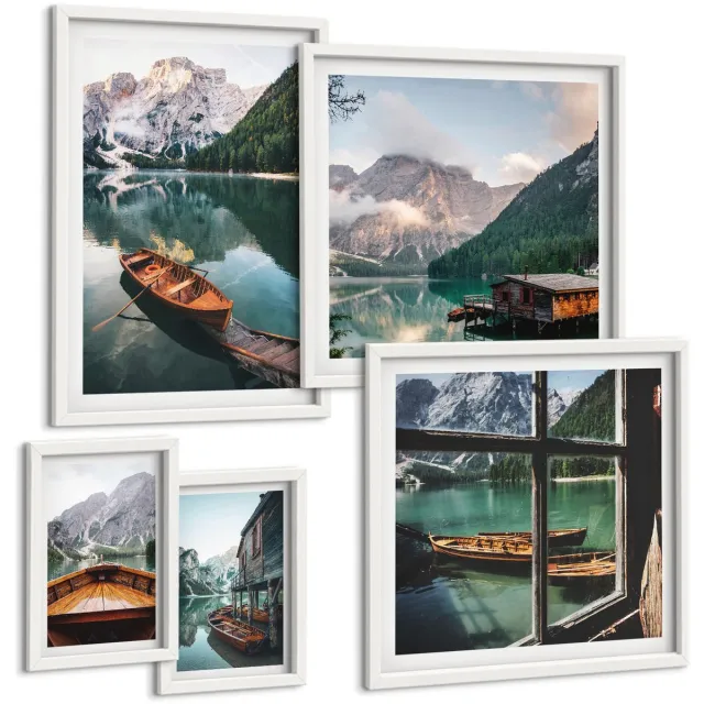 TULUP 4-Delige Schilderij Set - Rustige meren en berglandschappen met boten - 50 x 50 cm, 20 x 30 cm en 40 x 60 cm - Wanddecoratie - Moderne Interieurdecoratie - Decoratieve Schilderijen Witte lijst
