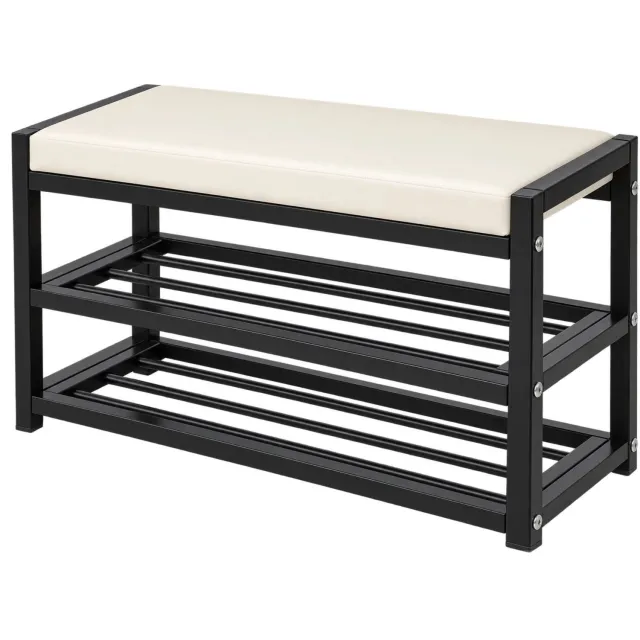 Noventra Schoenenbank met Zitkussen – Schoenenrek met 2 Opberglagen – Schoenenkast met Zitting van PU-Leer – Metalen Schoenen Organizer voor Hal, Gang en Entree – Zwart met Beige zwart/beige