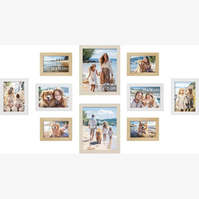 Famanu Set van 10 fotolijsten, twee van 20 x 25 cm, vier van 13 x 18 cm, vier van 10 x 15 cm, kunststof voorkant, MDF, natuurlijk eiken, wolkenwit, natuurlijk beige RPF310K02 Natuurlijk eiken + wolkenwit + natuurlijk beige