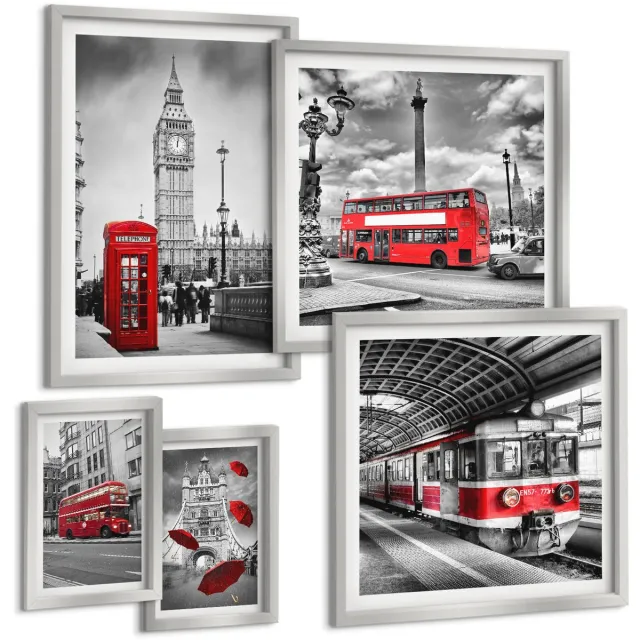 TULUP 4-Delige Schilderij Set - Londense motieven met rode accenten en architectuur - 50 x 50 cm, 20 x 30 cm en 40 x 60 cm - Moderne Wanddecoratie - Woonkamer - Decoratieve Schilderijen Zilveren lijst