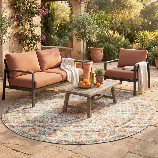 Fraai Rond binnen- en buitenkleed - Kairo Medaillon Creme/Meerkleurig - Ø 120cm Crème