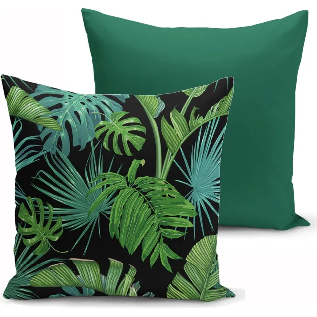 De Groen Home Kussenhoesjes - Velvet Kussenhoes set van 2 - 45x45 - Groen & Palmbladeren - Kussensloop Donkergroen