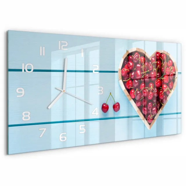 TULUP Wandklok - Kersenhart Wandklok Glas Met Motief - 60x30 cm - Rood Decoratieve Glazen Klok - Witte handen - Rechthoekige Klok - Gekleurde Glazen Klok - Glazen Klok Met Print