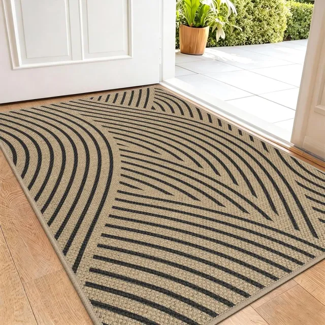 Ultiluxe Deurmat voor binnen - Vuilvangmat bij voordeur - Antislip entreemat voor hal - Absorberend oppervlak tegen schoenvuil - Dunne jute uitvoering wasbaar - Golfpatroon met gebogen lijnen - Beige met zwart - 50 x 80 cm