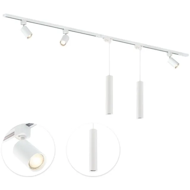 Qub Focus Railverlichting - Wit - 200 cm - I-Vorm - 3 Spots & 2 Hanglampen - Dimbaar - Complete Set 200 cm - Wit - hang & spots