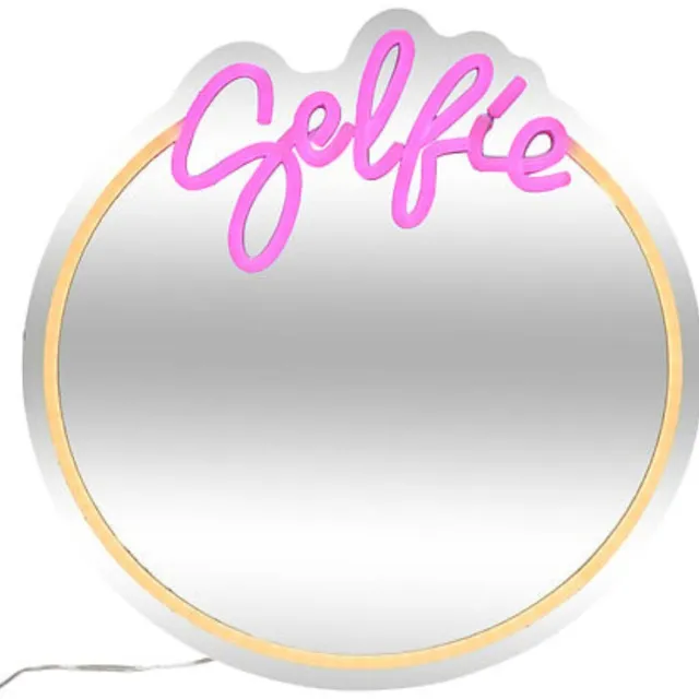 Atmosphera Neon Wandspiegel Selfie - LED - rond - roze - oplaadbaar - D35 cm - decoratie spiegel
