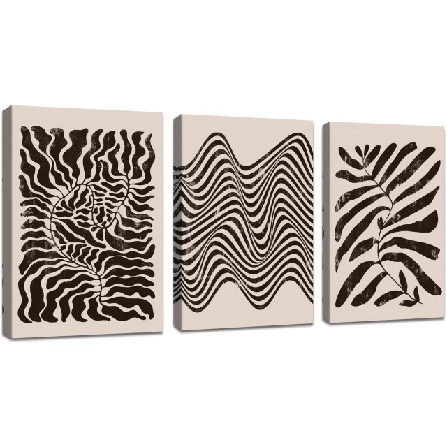 Unyqoos Set van drie abstracte zwart-wit canvasmuurkunst met houten lijst voor interieurdecoratie beige