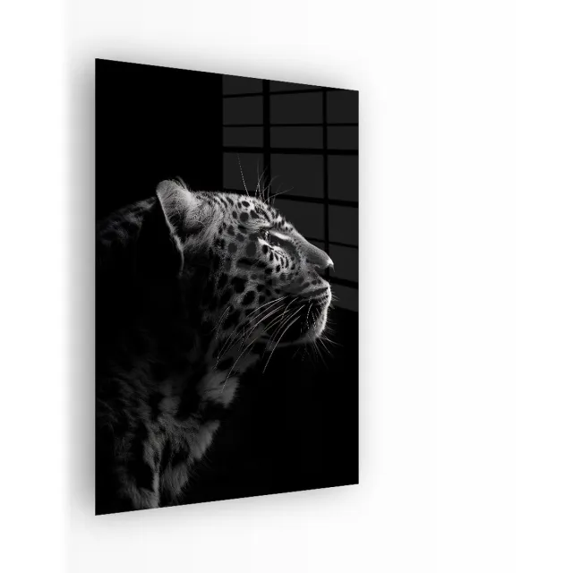 Indoorart Glasschilderij Zijwaartse Luipaard 80x120 CM - Afbeelding op plexiglas - Inclusief montagemateriaal zwart, wit