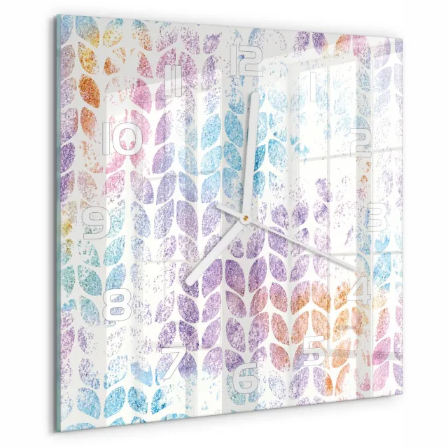 TULUP Wandklok - Kleurrijke bladeren Decoratieve Glazen Klok - 30x30 cm - Veelkleurig Glazen Wandklok Design - Witte handen - Vierkante Klok - Glazen Klok Met Print - Wandklok Glas Met Motief
