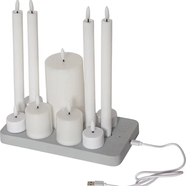 Star Trading kaarsenset Flamme Charge Mix, 4 waxinelichtjes, 4 antieke kaarsen, 2 votiefkaarsen, 1 pilaarkaars, wit, USB-kabel, oplaadplaat, warm wit