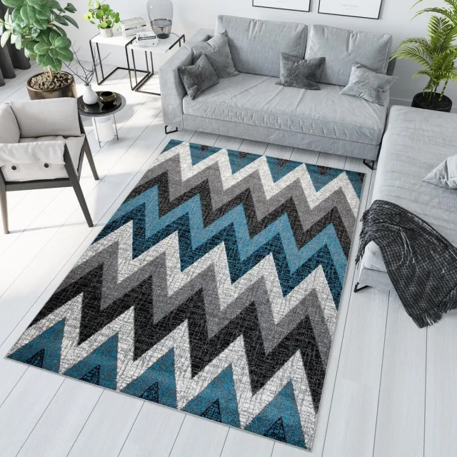 Tapiso Jawa Vloerkleed Grijs Blauw Zigzag Laagpolig Tapijt