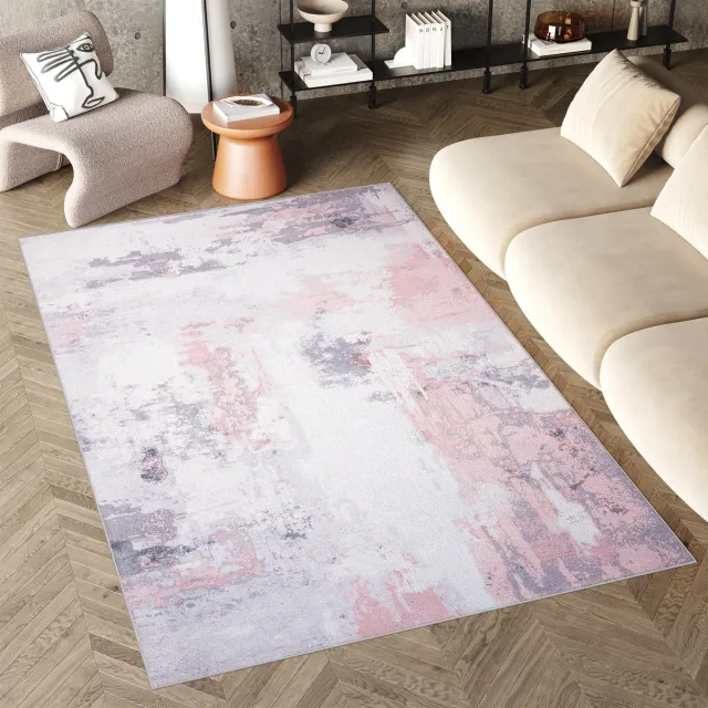 Tapiso Flannel Printed Vloerkleed Roze Modern Abstract Antislip Wasbaar Tapijt