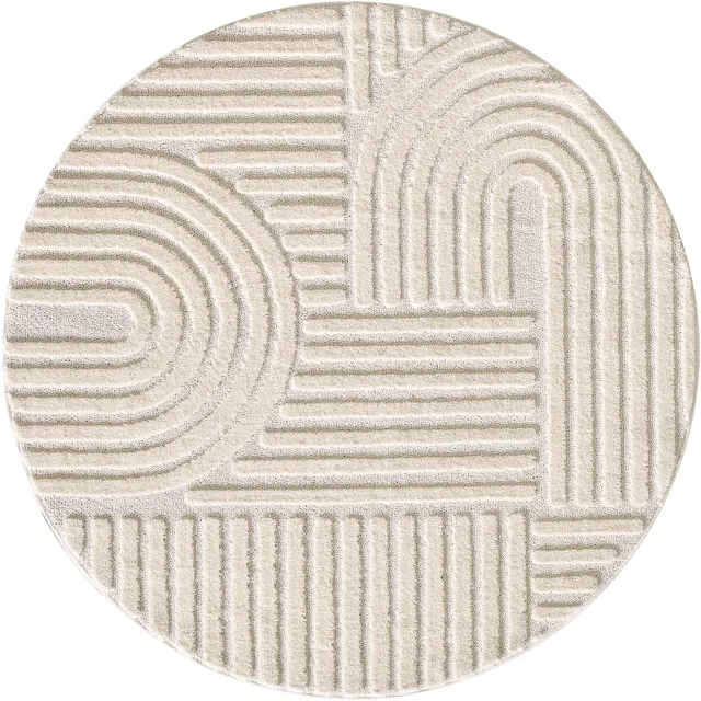 Moonay Kiyaro Lino Vloerkleed Crème 160 cm rond - Japandi Scandinavisch - Geometrisch 3D Reliëf - Hoog- en Laagpolig Creme