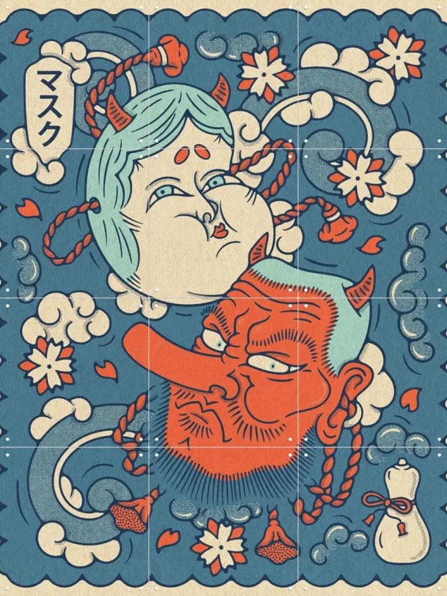 IXXI Tengu and Okame Masks, Ryan Ragnini - 60 x 80 cm - Grote wanddecoratie en posters - Grafisch Ontwerp, Vintage, Ukiyo-e, Illustraties, Houtsnede Blauw