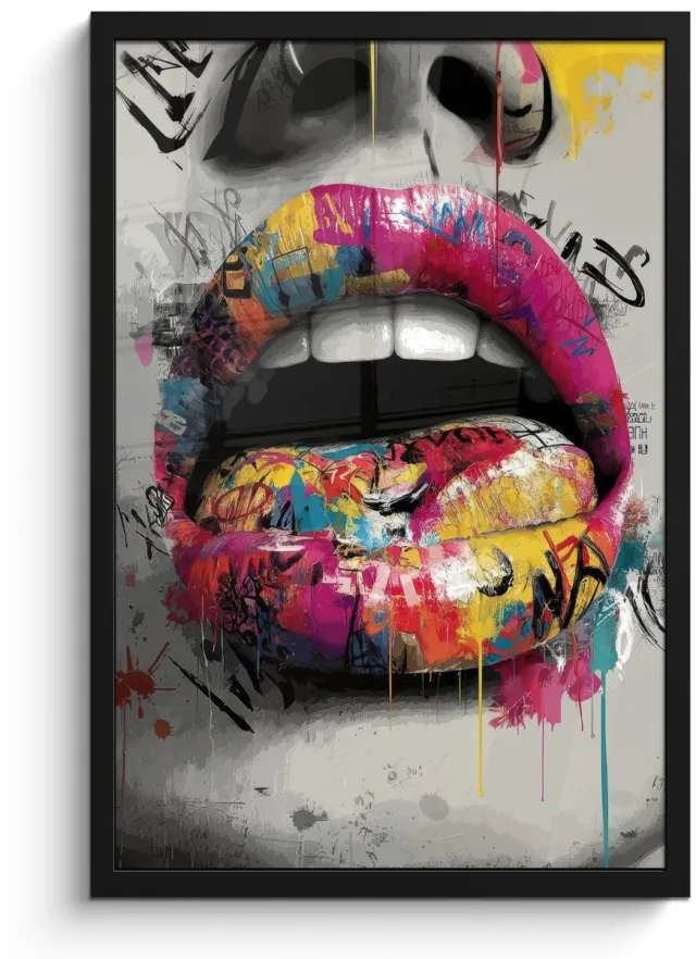 FrameYourWall Poster in lijst - Fotolijst 40x60 cm - Posters - Lippen - Graffiti - Expressief - Posterlijst zwart - Decoratie - Wanddecoratie woonkamer - Muurdecoratie slaapkamer