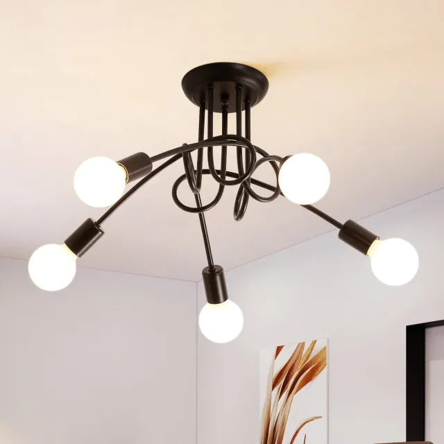 Riserva Industriële Plafondlamp - 5x E27 - Zwart Metalen Plafondlamp - Vintage Design - Max. 60W per Lichtpunt - voor Woonkamer, Keuken en Eetkamer