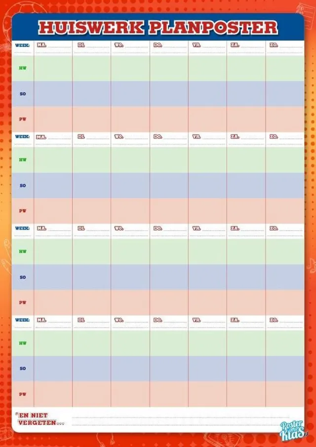 Huiswerk Planposter A1 formaat met whiteboard wipe out laminaat en stift - Posterindeklas.nl