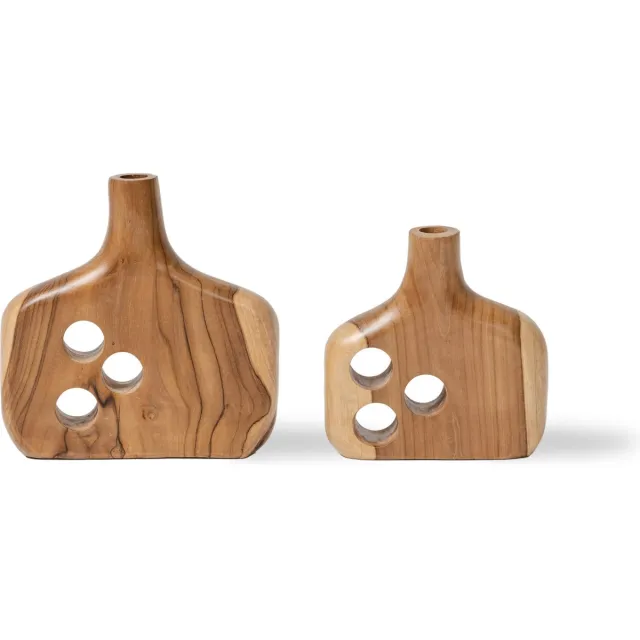 Dua Living Moderne vaas hout - design vazen - naturel kleur - teakhout - premium kwalieit - set van 2 Naturel teak