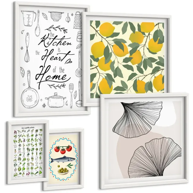 Coloray 5-Delige Schilderij Set - Keukeninspiratie: Stijlvolle Interieuraccenten - 50 x 50 cm, 20 x 30 cm En 40 x 60 cm - Muurdecoratie - Interieur Decoratie Witte lijst