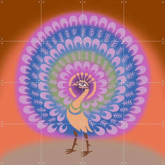 IXXI Peacock, Alejandro B. Canoy - 80 x 80 cm - Grote wanddecoratie en posters - Ornamenteel Ontwerp, Illustraties, Fantasierijk, Kleurrijk, Digitale Paars / Roze / Blauw