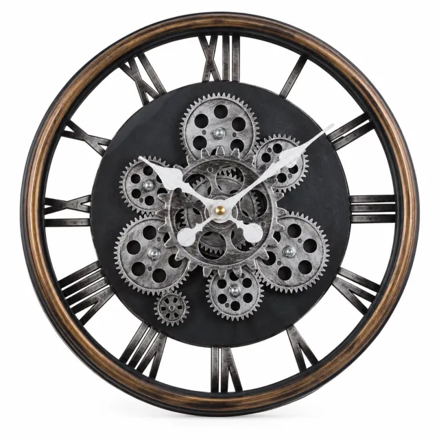 SWGOTA Retro wandklok 37 cm met opengewerkte cijferring, Romeinse cijfers en tandwieldecoratie, op batterijen Goud