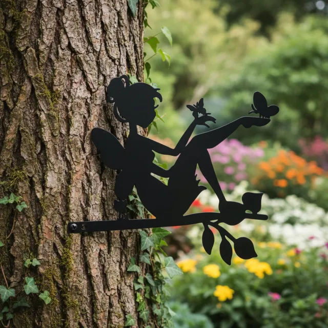 Janse Tuindecoratie elf - Boom elf zwart - Elfje van ijzer - Vlinder elf - Tuinbeelden - Balkon - Tuinsteker - Decoratieve tuinbeeldjes - Elf tuinornament