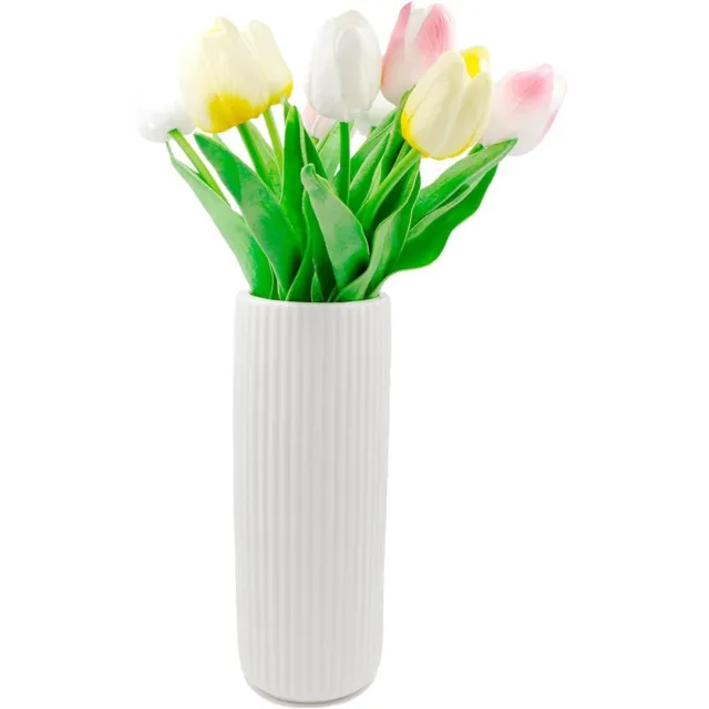 Famanu Keramische vaas wit 20 cm, geglazuurde geribbelde bloemenvaas voor pampasgras en boho decoratie