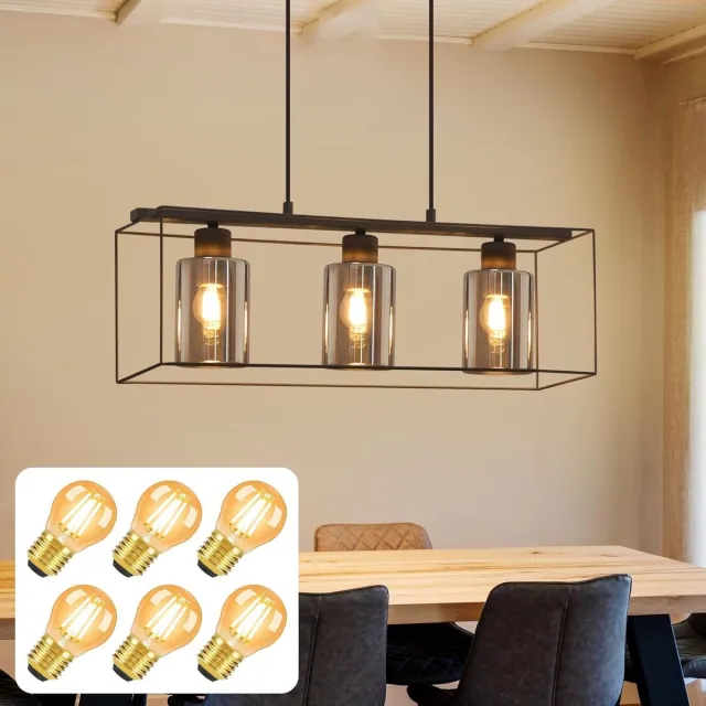 Glitzerlife Hanglampen - Vintage Retro design - 3xE27 - verstelbaar snoer - glas metaal materiaal - Ø60cm - rookgrijs - hanglamp eetkamer woonkamer keuken Zandzwart