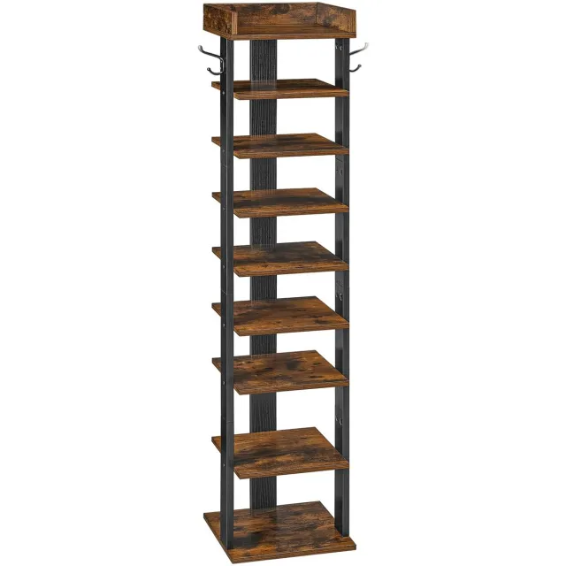 Famanu Smal schoenenrek, 9-laags hoog schoenenrek, houten schoenenopbergorganizer met 2 haken, slanke plank voor de ingang, industrieel, rustiek bruin en zwart
